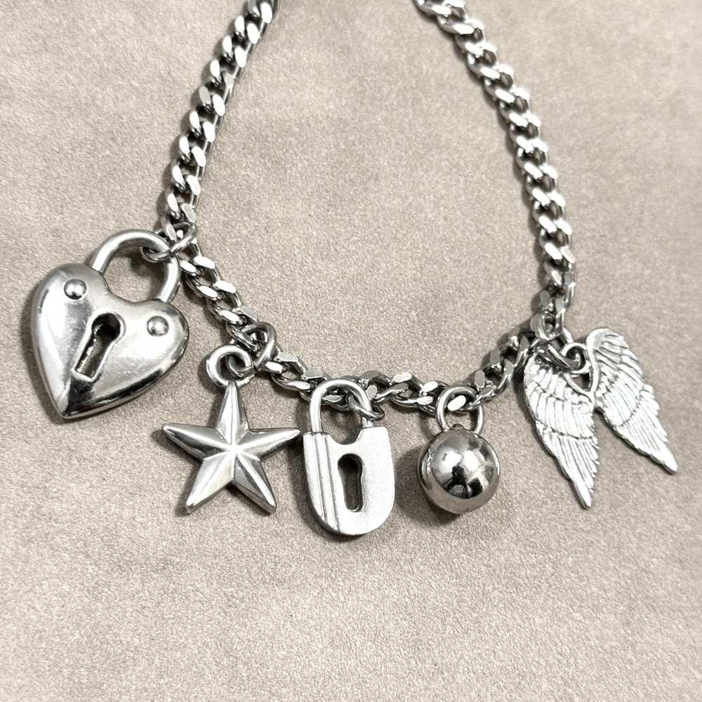 Steel Charm Bracelet with Heart and Wing Charms